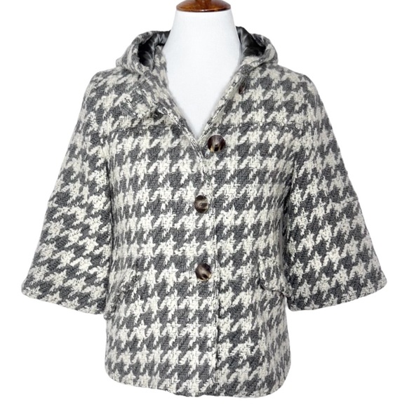 Anthropologie Jackets & Blazers - Anthropologie Houndstooth Gray Tweed Crochet 3/4 Sleeve Hooded Peacoat Jacket S